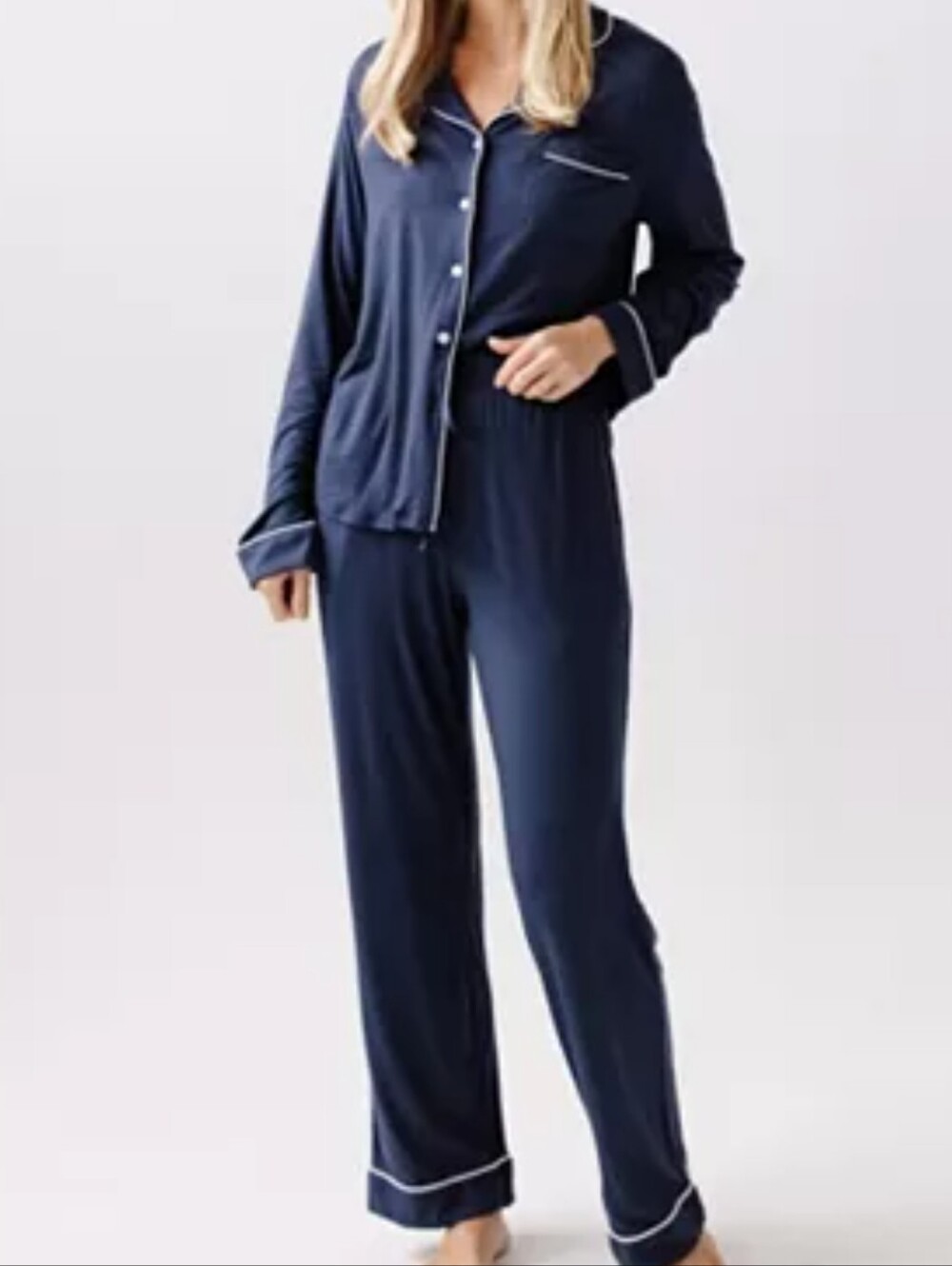 Cozy Earth Women's Bamboo Stretch-Knit Long Sleeve Navy Pajama Set ..Size Large